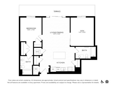 Black and white floor plan of an apartment showing a bedroom, living/dining area, den, kitchen, two bathrooms, washer/dryer, and a terrace. Icons for accessibility and equal housing are at the bottom right.