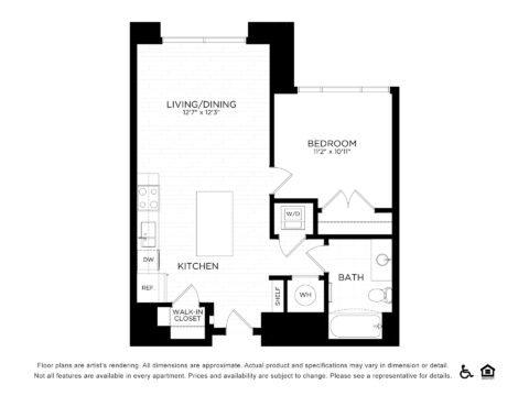 Black and white floor plan of a one-bedroom apartment featuring a kitchen, walk-in closet, living/dining area, bedroom, bathroom, washer/dryer, and a closet labeled “WH.” Doors and appliances are shown.