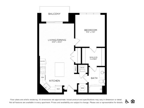 Black and white floor plan of a one-bedroom apartment featuring a kitchen, living/dining area, bedroom with walk-in closet, bathroom, washer/dryer, water heater closet, and a balcony. Accessible and equal housing icons are shown.