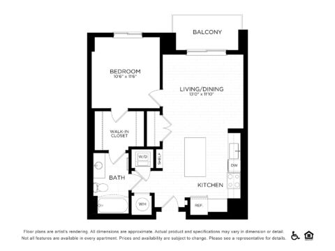 Black and white floor plan of a one-bedroom apartment, featuring a bedroom, walk-in closet, bathroom, kitchen with island, living/dining area, washer/dryer, storage spaces, and a balcony.