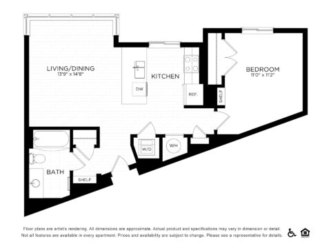 Black and white floor plan of a one-bedroom apartment with a kitchen, living/dining area, bathroom, bedroom, laundry (W/D), water heater (WH), refrigerator (REF.), dishwasher (DW), and shelves in the bath and bedroom.