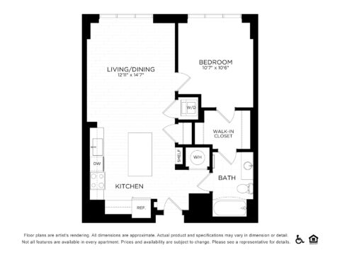 Black and white floor plan of a one-bedroom apartment featuring a kitchen, living/dining area, bedroom with walk-in closet, bathroom, washer/dryer, and entryway. Icons for accessibility and housing are in the bottom right corner.
