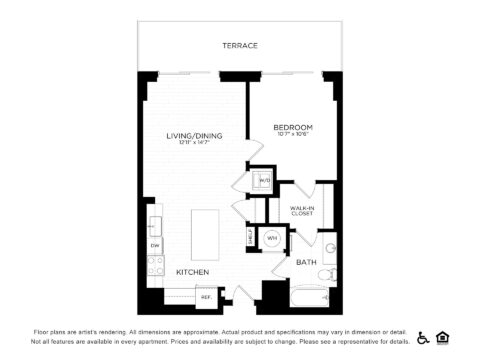 Black and white floor plan of a one-bedroom apartment, showing a kitchen, living/dining area, bedroom with walk-in closet, bathroom, washer and dryer, and a terrace.