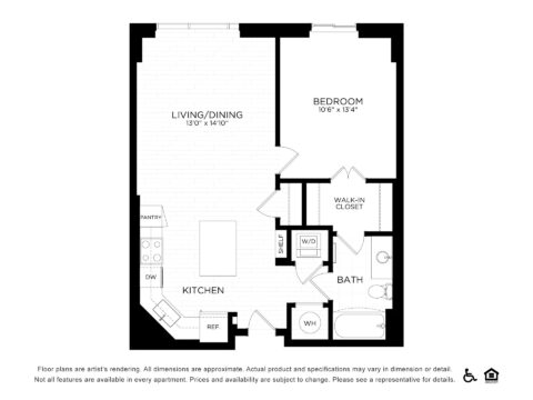 Black and white floor plan of a one-bedroom apartment featuring a kitchen, living/dining area, bedroom with walk-in closet, bathroom, pantry, washer/dryer, and refrigerator. There are accessibility and equal housing logos at the bottom.