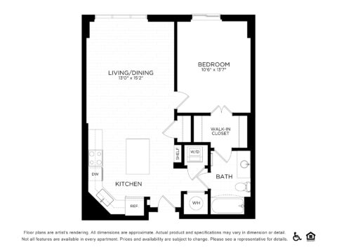 Black and white floor plan of a one-bedroom apartment featuring a kitchen, living/dining area, bedroom with walk-in closet, bathroom, washer/dryer, and water heater. Icons for accessibility and equal housing are shown.