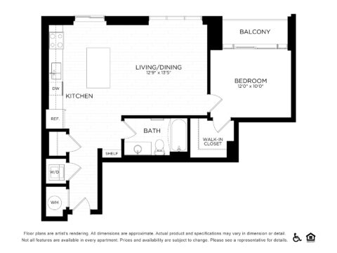 Black and white floor plan of a one-bedroom apartment with a kitchen, living/dining area, bathroom, walk-in closet, washer/dryer, and a balcony. Accessible and equal housing icons are shown at the bottom right.