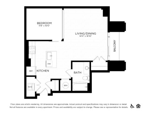 Black and white floor plan of a one-bedroom apartment with labeled bedroom, living/dining area, kitchen, bath, washer/dryer, walk-in closet, and balcony. Symbols for accessibility and equal housing are at the bottom.