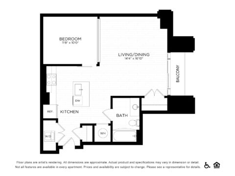 Black and white floor plan of a one-bedroom apartment with a kitchen, living/dining area, bedroom, bathroom, and a balcony. The layout includes labeled spaces and standard appliances.
