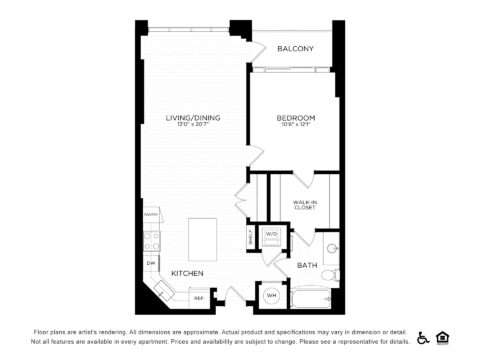 Black and white floor plan of a one-bedroom apartment showing a kitchen, living/dining area, bedroom, walk-in closet, bathroom with washer/dryer, and a balcony. Icons for accessibility and equal housing appear at the bottom.