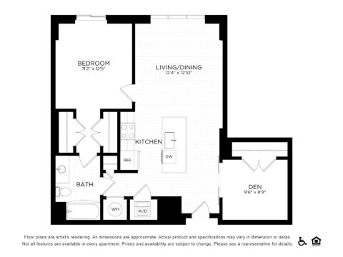 Black and white floor plan of a one-bedroom apartment with a bedroom, living/dining area, kitchen with island, bathroom, washer/dryer, and den. Accessibility and equal housing symbols are shown at the bottom right.