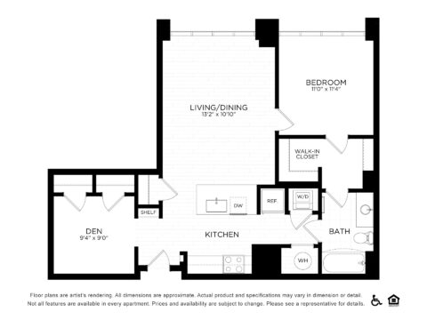 Black and white floor plan of a one-bedroom apartment with a kitchen, living/dining area, den, bathroom, walk-in closet, and washer/dryer. Labels indicate room dimensions and features like a shelf and appliances.