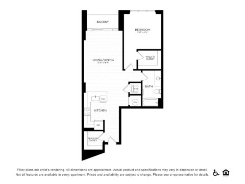 Floor plan of a one-bedroom apartment featuring a kitchen, living/dining area, balcony, bedroom with walk-in closet, bathroom, laundry area, and an additional walk-in closet near the entry.