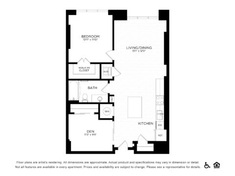 Black and white floor plan of a one-bedroom apartment with a living/dining area, kitchen, bathroom, walk-in closet, den, and entryway. Icons for wheelchair and fair housing are at the bottom right.