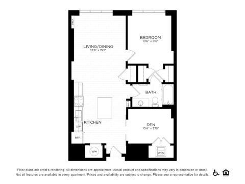 Black and white floor plan of a one-bedroom apartment with a kitchen, living/dining area, bath, den, washer/dryer, and bedroom. Icons indicate wheelchair accessibility, equal housing, and pet-friendliness in the bottom corner.