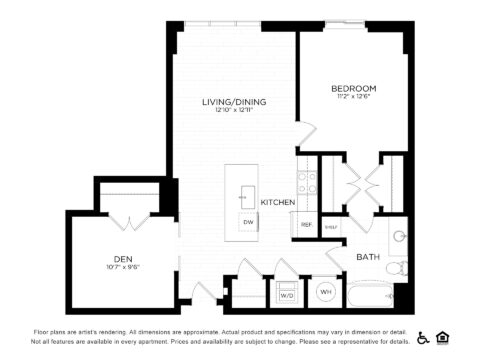 Black and white floor plan of a one-bedroom apartment, featuring a living/dining area, kitchen with island, den, bedroom, bathroom, laundry area, and various closets. Accessibility and equal housing logos are in the bottom right corner.