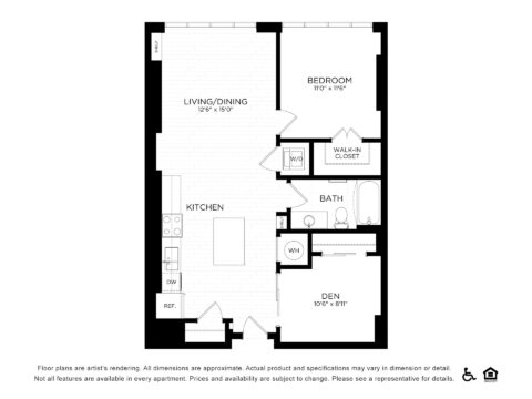 Black and white floor plan of a one-bedroom apartment with labeled rooms: living/dining area, kitchen, bedroom, walk-in closet, bath, and den. Entryway, refrigerator, dishwasher, and washer/dryer are also indicated.