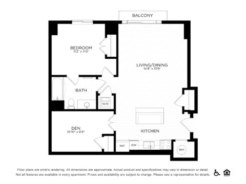 Black and white floor plan of a one-bedroom apartment with a den, bathroom, kitchen, living/dining area, laundry, and a balcony. Kitchen is open-concept; washer/dryer and storage closets shown. Text and icons appear below.
