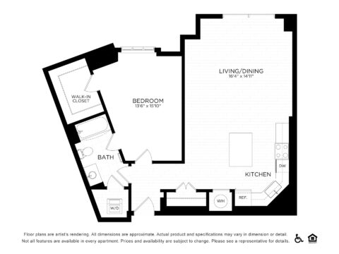 Black and white one-bedroom apartment floor plan showing a bedroom with walk-in closet, a bathroom with washer/dryer, and an open kitchen and living/dining area. Accessible and equal housing logos shown at bottom right.