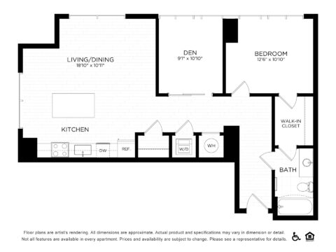Black and white floor plan of a one-bedroom apartment with labeled rooms: living/dining area, kitchen, den, bedroom with walk-in closet, bathroom, and laundry area with washer/dryer. Icons for accessible and pet-friendly features shown.