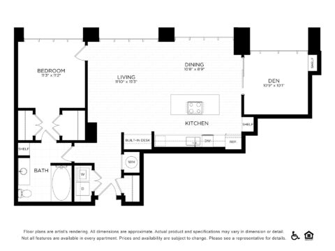 Black-and-white floor plan of a one-bedroom apartment with living, dining, kitchen, den, and bath areas. Labels mark built-in desk, shelves, washer/dryer, and refrigerator locations. Entrances and windows are shown.