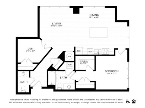 Black and white apartment floor plan showing one bedroom, two bathrooms, a living room, dining area, kitchen, walk-in closet, and laundry area. Icons for wheelchair accessibility and pet-friendly are in the bottom right corner.