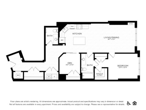 Black and white floor plan of a one-bedroom apartment featuring a kitchen, living/dining area, two baths, a den, a walk-in closet, washer/dryer, mechanical room, and storage shelves.
