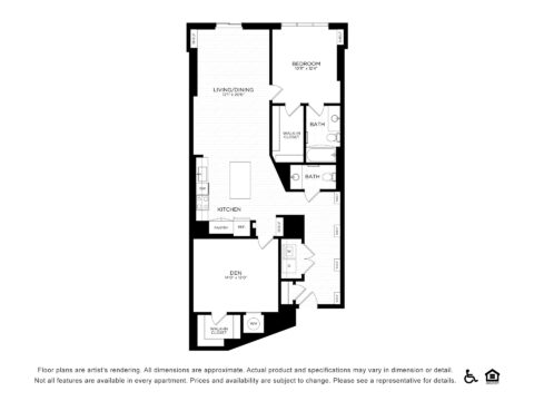 Black and white floor plan of a one-bedroom apartment, featuring a living/dining area, kitchen, den, bedroom with walk-in closet, two bathrooms, laundry area, and pantry. Icons indicate accessibility and equal housing.