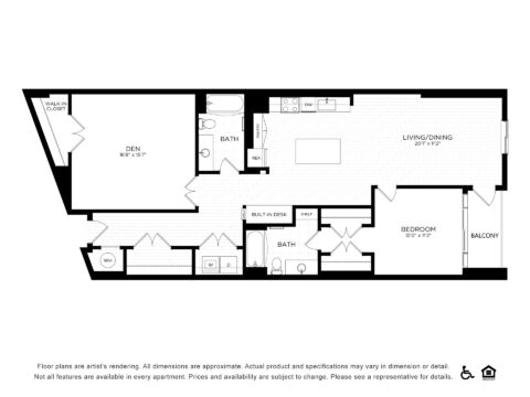 Black and white floor plan of a one-bedroom apartment with den, two bathrooms, kitchen, living/dining area, balcony, walk-in closet, washer/dryer, and built-in desk. Rooms are labeled with dimensions.