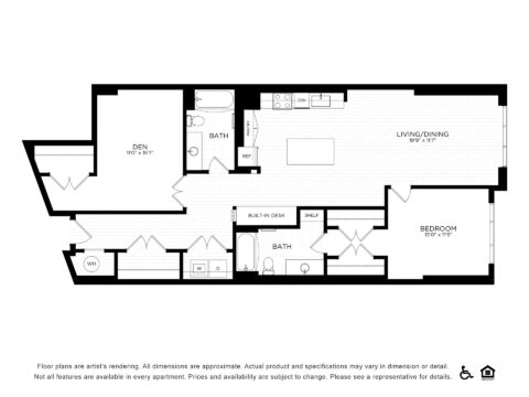 Black and white floor plan for a one-bedroom apartment with den, two bathrooms, kitchen, living/dining area, built-in desk, walk-in closet, washer/dryer, and entryway. Accessibility and equal housing icons included.