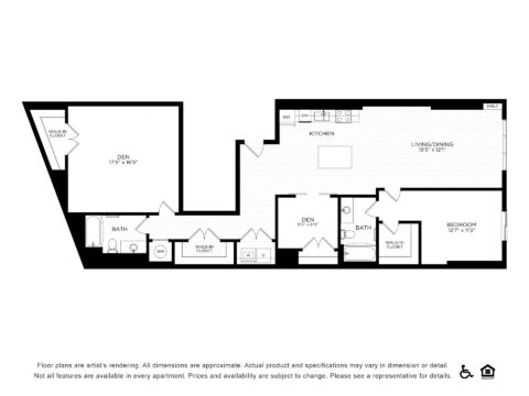 Black and white floor plan of an apartment with one bedroom, two dens, two bathrooms, a kitchen, a living/dining area, and multiple closets. Text disclaimer appears at the bottom. Icons for equal housing and accessibility are included.