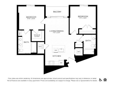 Black and white two-bedroom, two-bath apartment floor plan. Features a living/dining area, kitchen, balcony, walk-in closet, washer/dryer, and storage spaces. Accessibility and equal housing icons are shown at the bottom.