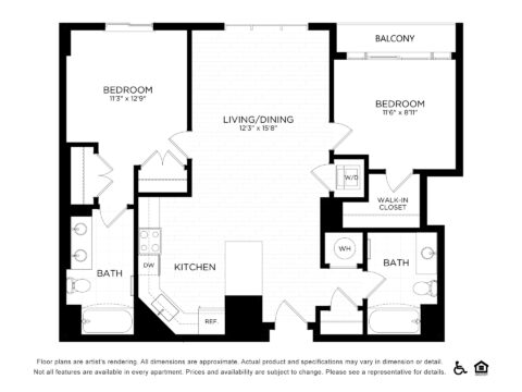 Black-and-white floor plan of a two-bedroom, two-bathroom apartment featuring a kitchen, living/dining area, balcony, walk-in closet, washer/dryer, and labeled rooms with dimensions.