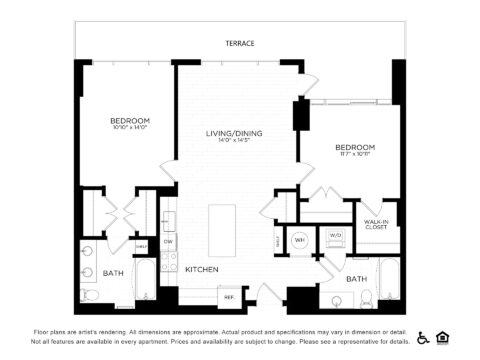 Black and white floor plan of a two-bedroom, two-bath apartment with a kitchen, living/dining area, terrace, washer/dryer, walk-in closet, and storage areas. Accessibility and fair housing icons are shown in the bottom right corner.