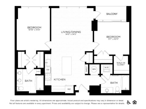 Black and white floor plan of a two-bedroom, two-bath apartment with a kitchen, living/dining area, balcony, walk-in closet, washer/dryer, and storage spaces. Accessible and equal housing opportunity icons are shown.