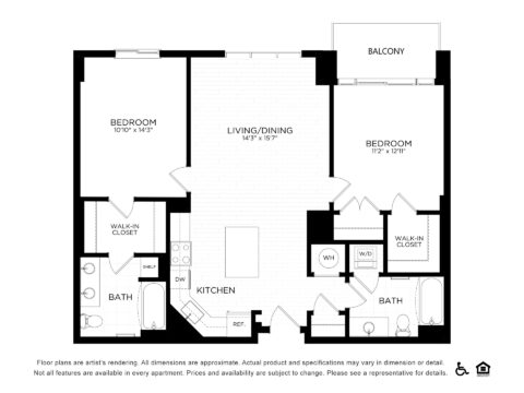 Black and white apartment floor plan with two bedrooms, two bathrooms, a kitchen, living/dining area, two walk-in closets, a washer and dryer, and a balcony. Accessibility and equal housing icons are shown in the corner.