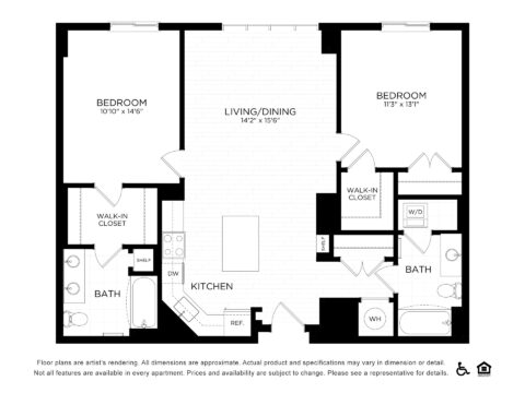 Black and white floor plan of a two-bedroom, two-bath apartment showing a central living/dining area, kitchen, two walk-in closets, laundry area, and two bathrooms, with doors and room dimensions labeled.