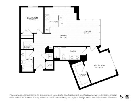 Black and white floor plan of a two-bedroom, two-bath apartment with a large living and dining area, kitchen, walk-in closets, and entry. Icons for accessibility, equal housing, and pets are at the bottom right.