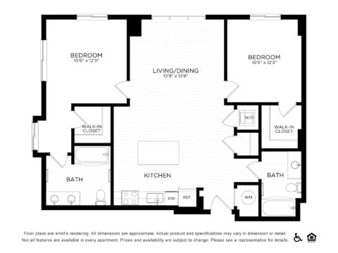 Black and white floor plan of a two-bedroom, two-bath apartment featuring a central kitchen, living/dining area, two walk-in closets, laundry, pantry, and entry, with doors to each bedroom and bathroom.