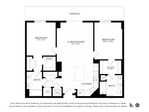 Black and white floor plan of a two-bedroom, two-bath apartment. Features a central living/dining area, kitchen, walk-in closets in both bedrooms, laundry space, and a terrace at the top. Accessible and equal housing icons are shown.