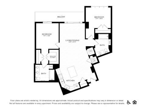 Black and white floor plan of a two-bedroom, two-bath apartment with a kitchen, living/dining area, walk-in closet, and balcony. Accessibility icons and equal housing logo are at the bottom.