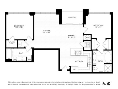 Black and white floor plan of a two-bedroom apartment featuring a kitchen, living and dining area, two bathrooms, a balcony, walk-in closet, and laundry area. Rooms and major fixtures are labeled.