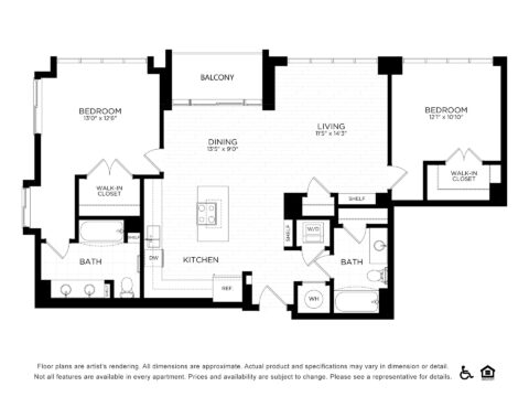 Black and white floor plan of a two-bedroom, two-bath apartment with a kitchen, dining area, living room, two walk-in closets, balcony, laundry area, and labeled fixtures and appliances.