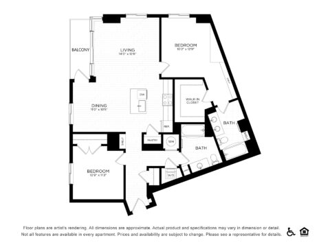 Black and white floor plan of a two-bedroom, two-bath apartment with a living room, dining area, kitchen, pantry, walk-in closet, washer/dryer, and balcony. Accessible and pet-friendly icons shown at the bottom right.