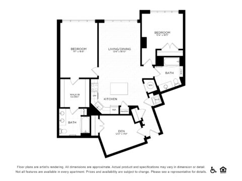 Black and white floor plan of a two-bedroom, two-bath apartment, featuring a kitchen, living/dining area, den, walk-in closet, pantry, and entry area. Accessibility and equal housing icons are shown at the bottom right.