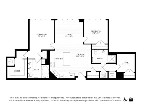 Black-and-white floor plan of a two-bedroom, two-bath apartment with a den, kitchen, dining, living area, walk-in closet, washer/dryer, and bath; accessible and pet-friendly symbols shown.