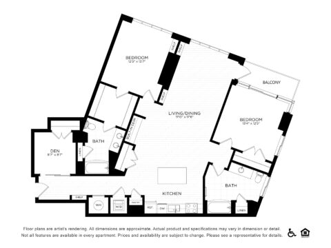 Black and white floor plan of a two-bedroom apartment with two bathrooms, a den, kitchen, laundry area, living/dining room, and a balcony accessible from one bedroom. Room dimensions and layouts are labeled throughout.