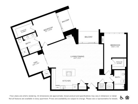Black and white floor plan of a two-bedroom, two-bath apartment featuring a den, open kitchen, large living/dining area, two balconies, walk-in closets in both bedrooms, and labeled accessibility and equal housing icons.