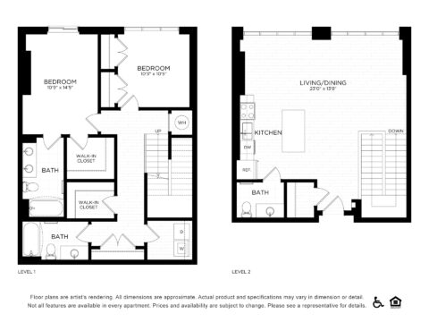 Black and white floor plan of a two-level apartment with two bedrooms, two bathrooms, walk-in closets on level 1, and an open kitchen, living, and dining area on level 2. Stairs connect both levels. Icons for equal housing and accessibility.