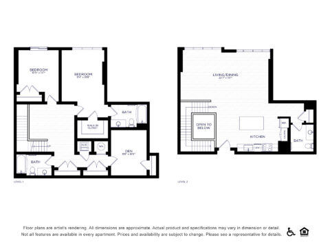 Black and white floor plan of a two-level apartment. Level 1 has a bedroom, walk-in closet, den, two bathrooms, laundry, and storage. Level 2 features a kitchen, living/dining area, bathroom, and open space to below.
