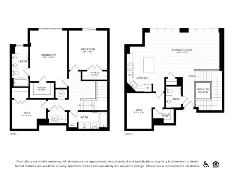 Black and white floor plan showing a two-level apartment with two bedrooms, three bathrooms, kitchen, living/dining area, den, laundry, and closets. Stairs connect levels; various rooms are labeled with dimensions.